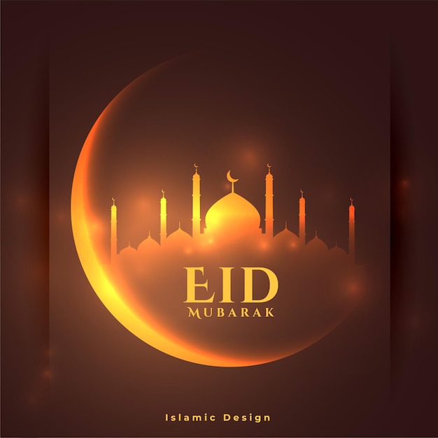Eid mubarak glowing banner with crescent moon and mosque