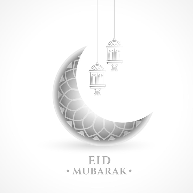 Free vector eid mubarak greeting background with crescent and lantern