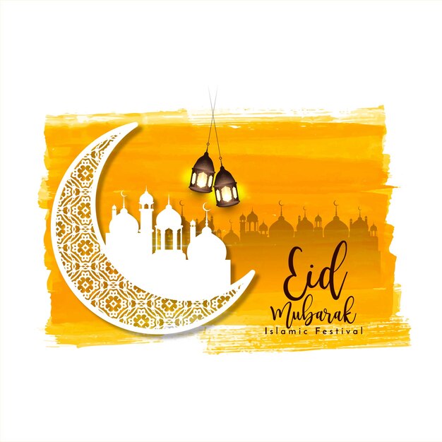 Eid mubarak islamic festival yellow watercolor stroke background vector