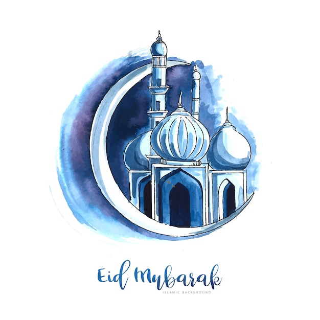 Eid mubarak islamic moon and mosque greeting card background