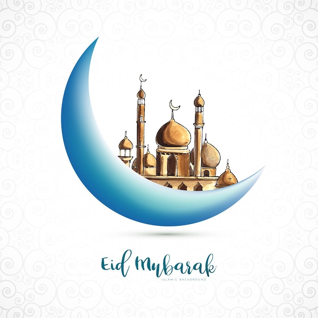 Free vector eid mubarak islamic moon and mosque greeting card background