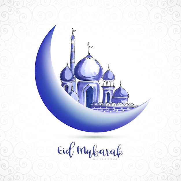 Eid mubarak islamic moon and mosque greeting card background