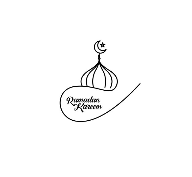 Eid Mubarak Line Art Calligraphy Stylish Lettering Ramadan Kareem Text Moon with Mosque Vector illustration