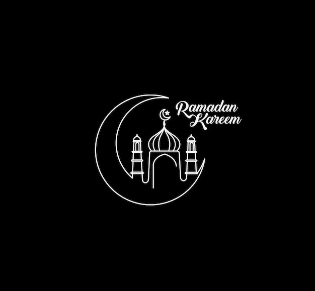 Free vector eid mubarak line art calligraphy stylish lettering ramadan kareem text moon with mosque vector illustration