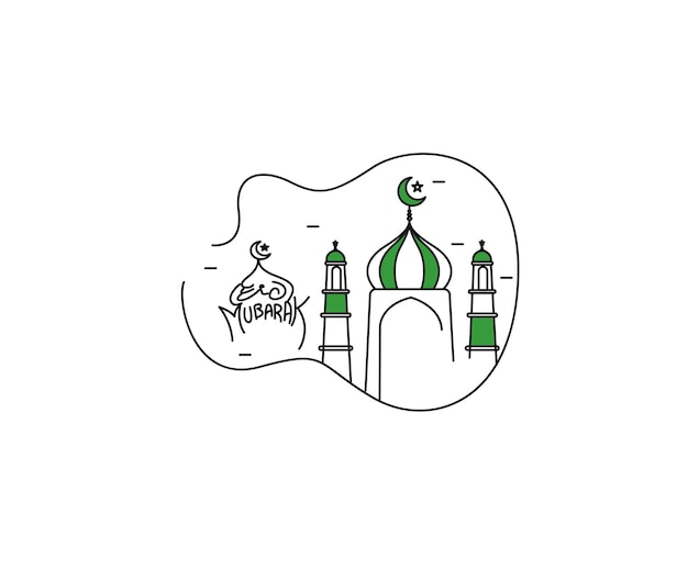 Eid mubarak line art calligraphy stylish lettering ramadan kareem text moon with mosque vector illustration