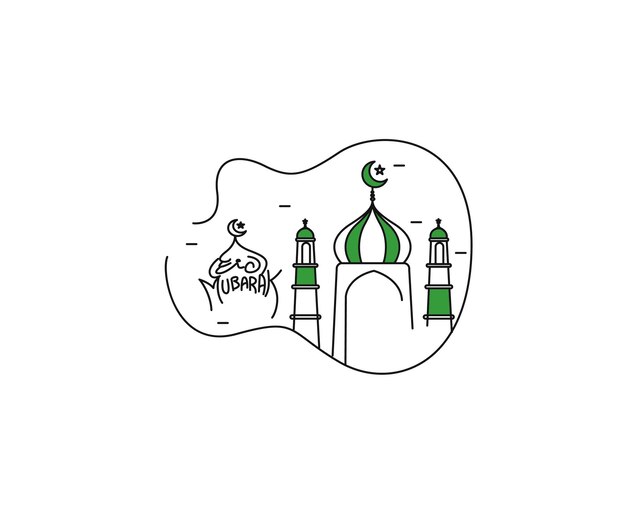 Eid Mubarak Line Art Calligraphy Stylish Lettering Ramadan Kareem Text Moon with Mosque Vector illustration