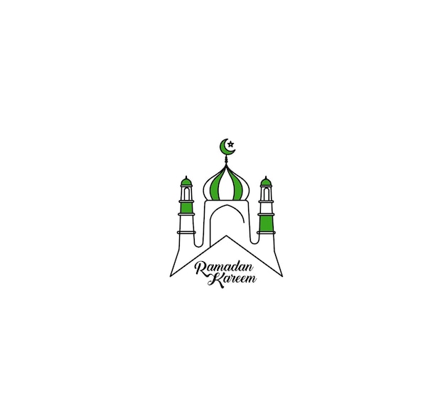 Eid mubarak line art calligraphy lettering elegante ramadan kareem text moon with mosque vector illustration