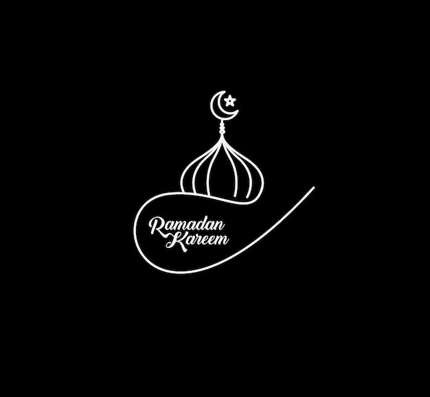 Eid Mubarak Line Art Calligraphy Stylish Lettering Ramadan Kareem Text Moon with Mosque Vector illustration