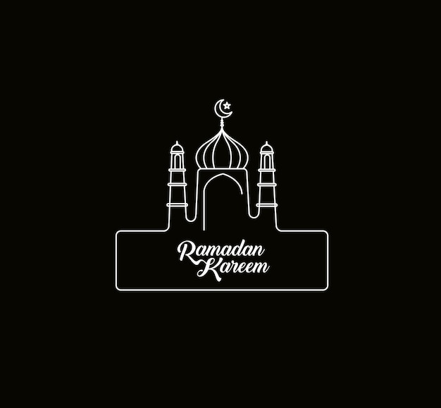 Eid Mubarak Line Art Calligraphy Stylish Lettering Ramadan Kareem Text Moon with Mosque Vector illustration