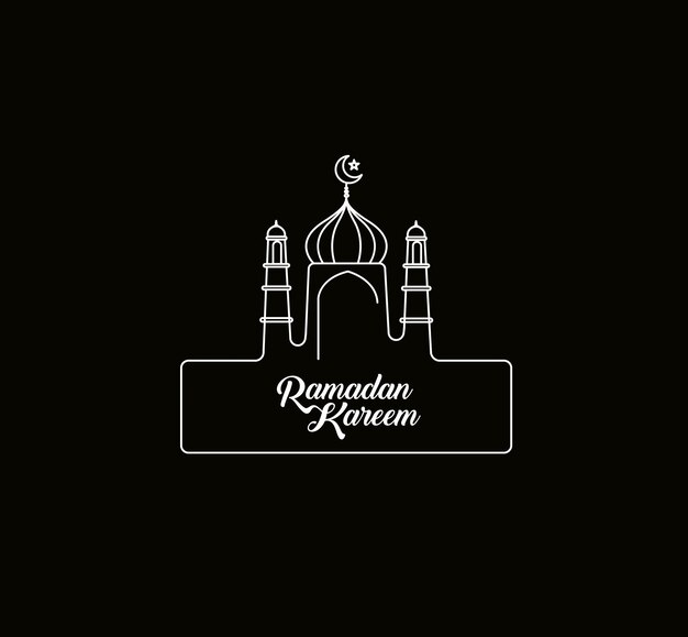 Eid Mubarak Line Art Calligraphy Stylish Lettering Ramadan Kareem Text Moon with Mosque Vector illustration