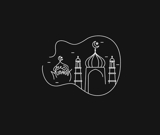 Eid Mubarak Line Art Calligraphy Stylish Lettering Ramadan Kareem Text Moon with Mosque Vector illustration