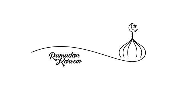 Eid Mubarak Line Art Calligraphy Stylish Lettering Ramadan Kareem Text with Mosque Vector illustration