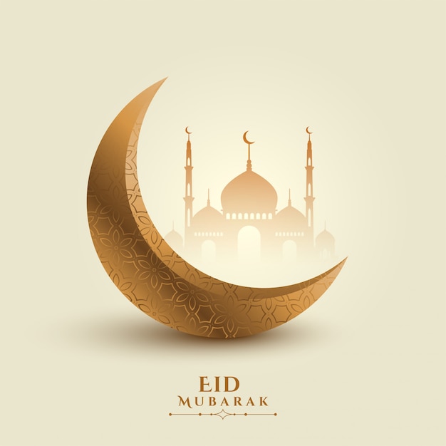 Vettore gratuito luna e moschea eid mubarak bellissimo sfondo