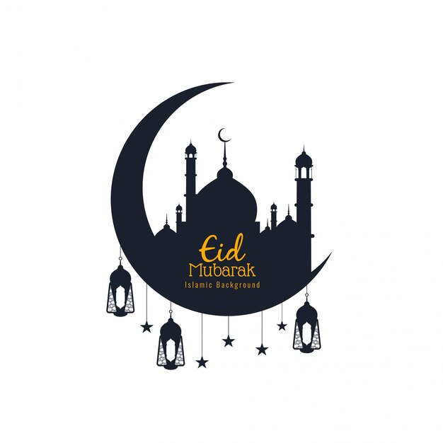 Eid mubarak, religious islamic silhouettes with crescent moon 