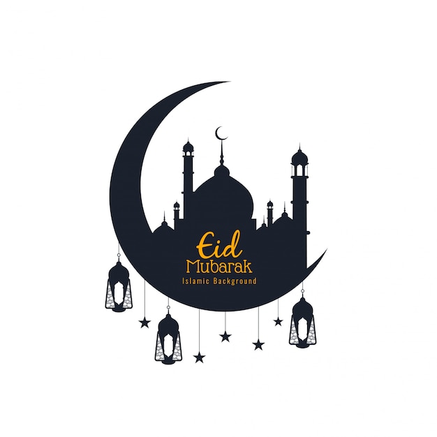 Eid mubarak, religious islamic silhouettes with crescent moon 