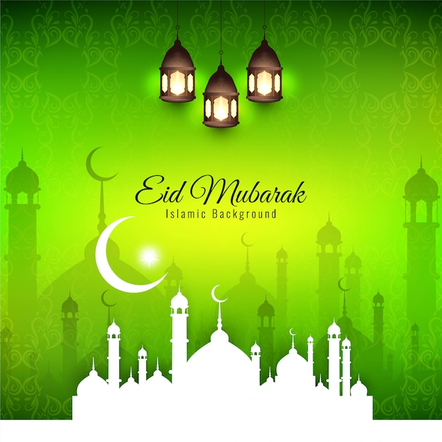 Free vector eid mubarak, religious islamic silhouettes with green background