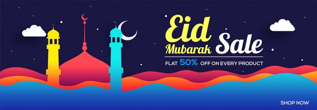  Eid Mubarak Sale banner decorated with colorful mosque and abstract waves. 