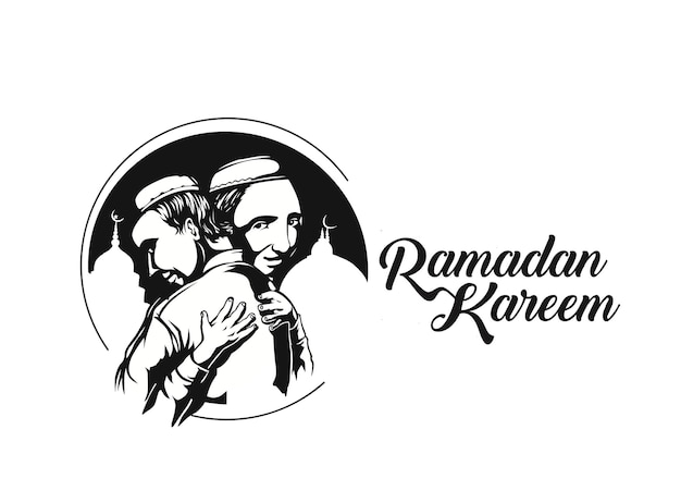 Ид Мусульманин обнимается и желает друг другу по случаю с текстом Рамадана Карима