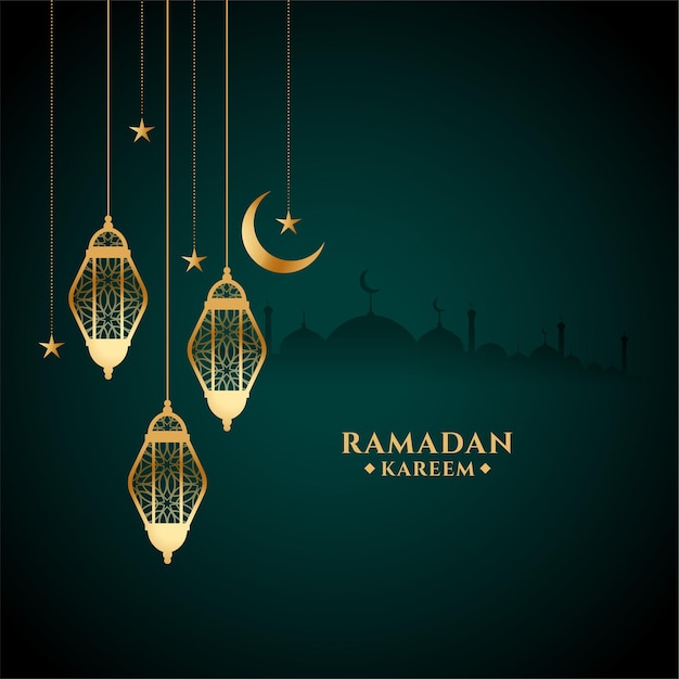 Vettore gratuito eid ramadan kareem festival card con lanterna dorata