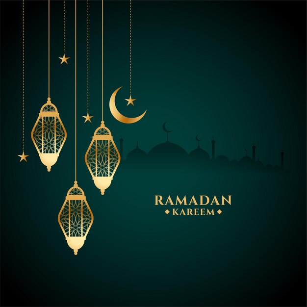 Eid ramadan kareem festival card with golden lantern