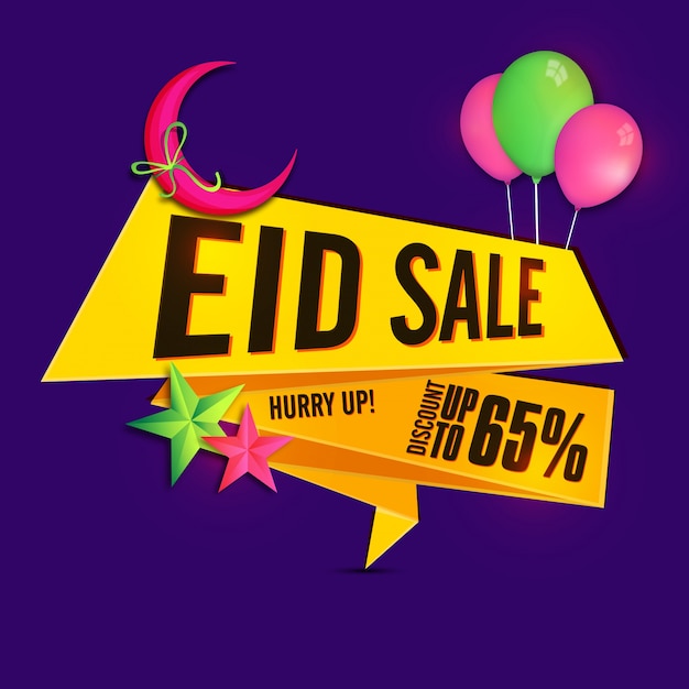  Eid Sale paper banner or tag design decorated with pink crescent moon, stars and flying balloons, Muslim Community Festivals concept. 