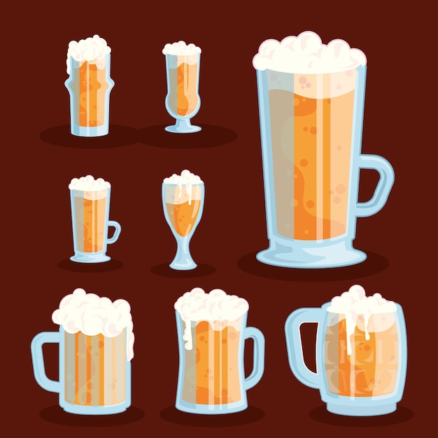 Eight clear beer mugs