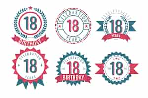 Vettore gratuito set di badge per il diciottesimo compleanno