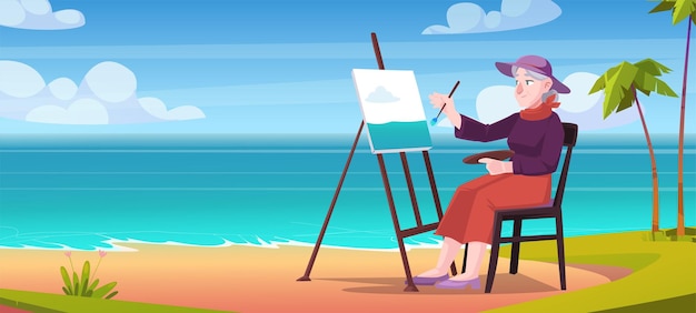 Пожилая женщина рисует на морском пляже на пленэре