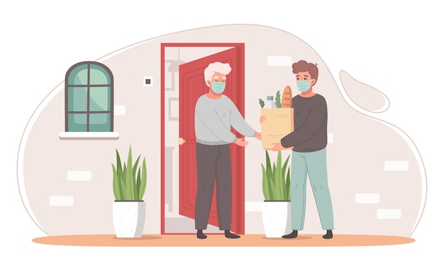 Concetto di cartone animato per la cura degli anziani con maschio che consegna generi alimentari all'illustrazione vettoriale della porta d'ingresso