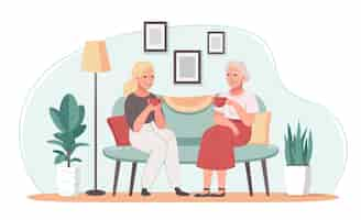 Free vector elderly care cartoon concept with women drinking tea indoors vector illustration