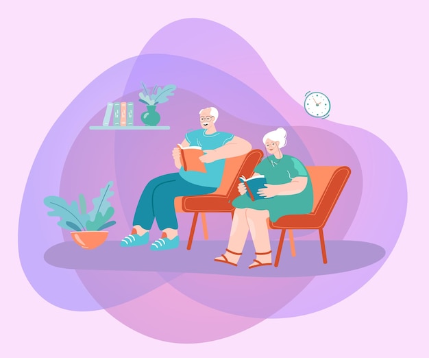Elderly couple reading books at home or in library