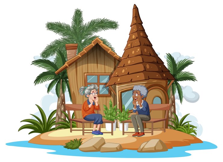 Free Vector elderly couple relaxing by cottage