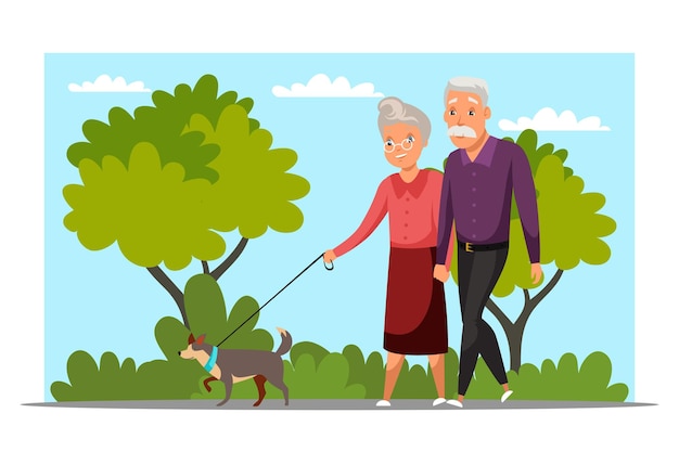 Free vector elderly couple on stroll aged pair on outdoor walk with dog in park fresh air recreation happy retirement concept