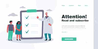 Free vector elderly doctor and kids next to list of recommendations. medical professional prescribing medication for children flat vector illustration. health, pediatrics concept for banner or landing web page