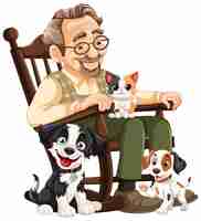 Free vector elderly man with pets in rocking chair