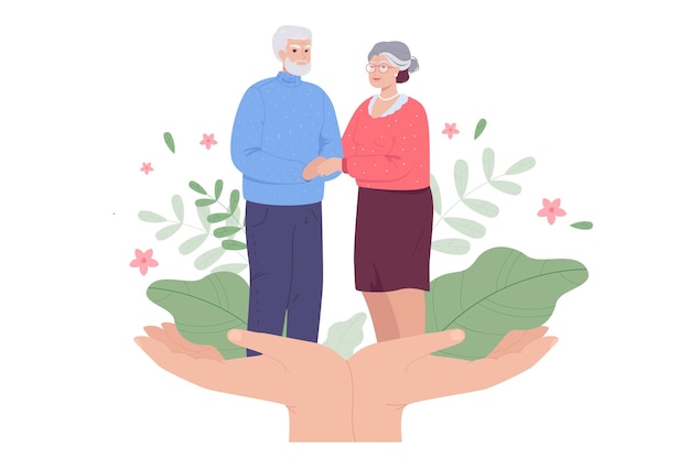 Elderly man and woman on huge hands flat vector illustration.\
medical care, support, help for senior couple, adults or parents.\
wellness, reconciliation, lifestyle, family concept