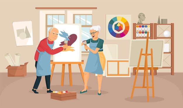 elderly people artist composition with indoor scenery of painting studio with drawing easel