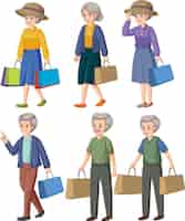 Free vector elderly people carrying shopping set