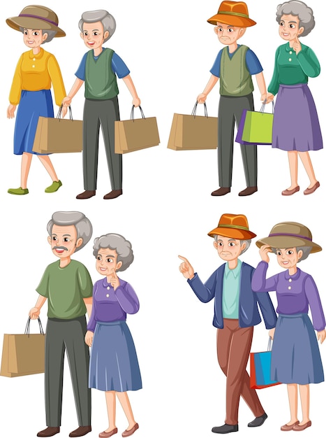 Elderly people carrying shopping set