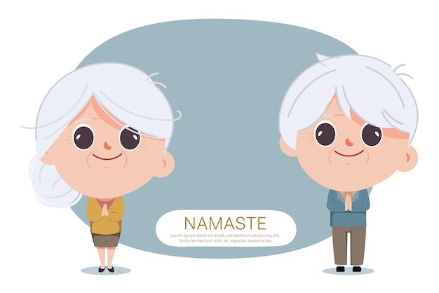 Бесплатное векторное изображение Пожилые люди милый мультфильм приветствие с персонажем намасте.