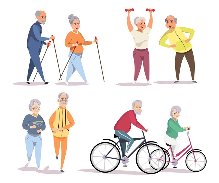 Free Vector elderly people doing sport illustrations set old couple in sportswear jogging riding bicycles practicing nordic walking with ski poles doing exercises