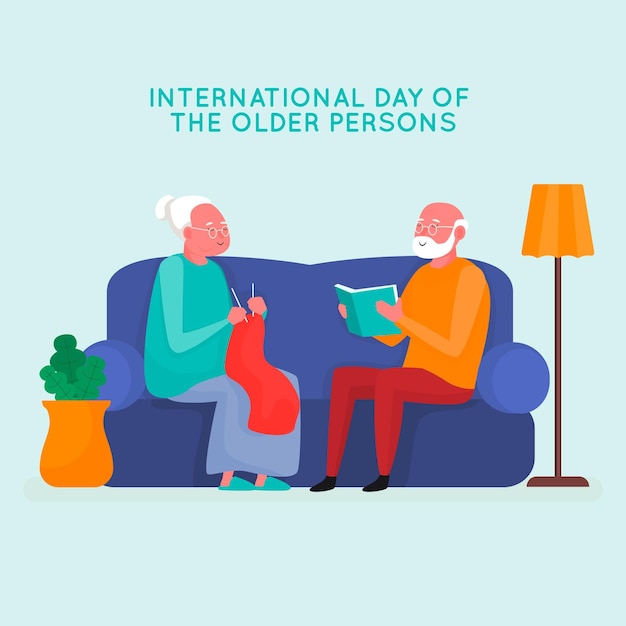 Elderly people doing various activities on the couch