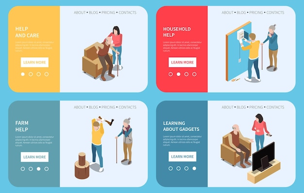 Профессиональная служба социальной помощи пожилым людям изометрический набор из четырех горизонтальных баннеров с кнопками и текстовой иллюстрацией