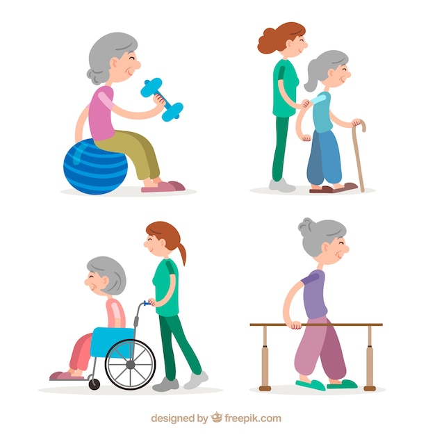 Elderly woman doing physiotherapy exercises