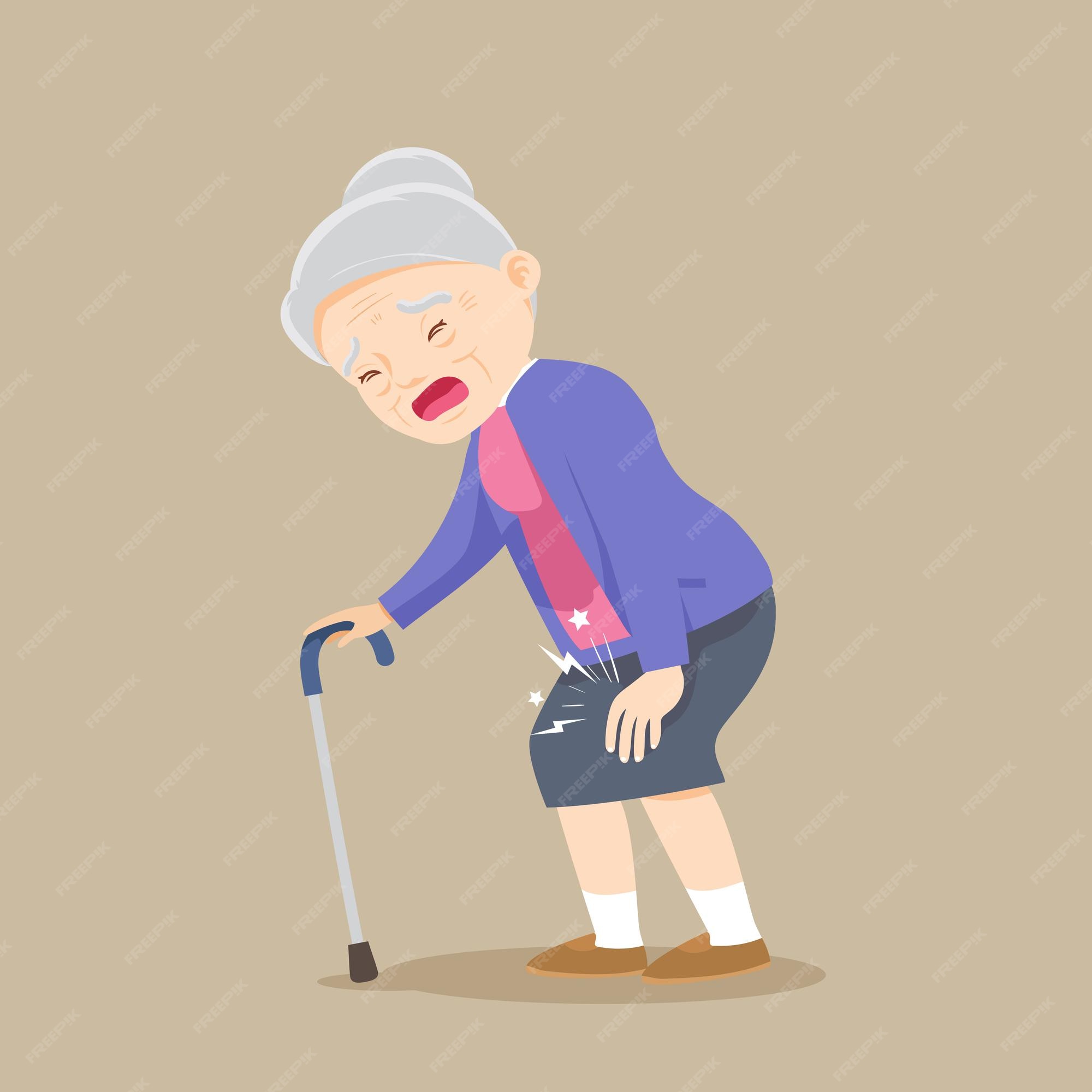 Premium Vector Elderly woman having a knee pain and standing with a walking cane.grandmother