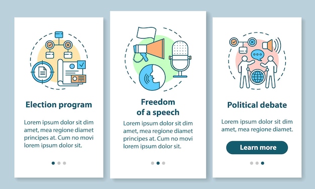 선형 개념으로 모바일 앱 페이지 화면을 온보딩하는 선거. 선거 프로그램, 정치적 토론. 세 가지 연습 단계 그래픽 지침. 삽화가 있는 ux, ui, gui 벡터 템플릿