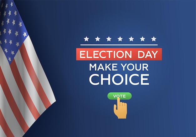 Elections voting realistic background with clickable vote button editable text and american flag on blue background vector illustration