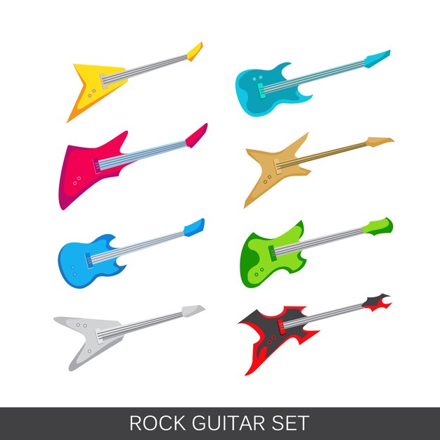 electric and acoustic guitars icon set. Includes images of different guitars