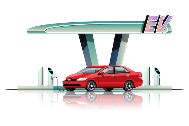 Electric automobile is Charging in Garage power station flat illustration