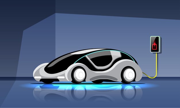 현대적인 스타일의 전기 자동차는 차고 발전소에서 충전 중입니다.
